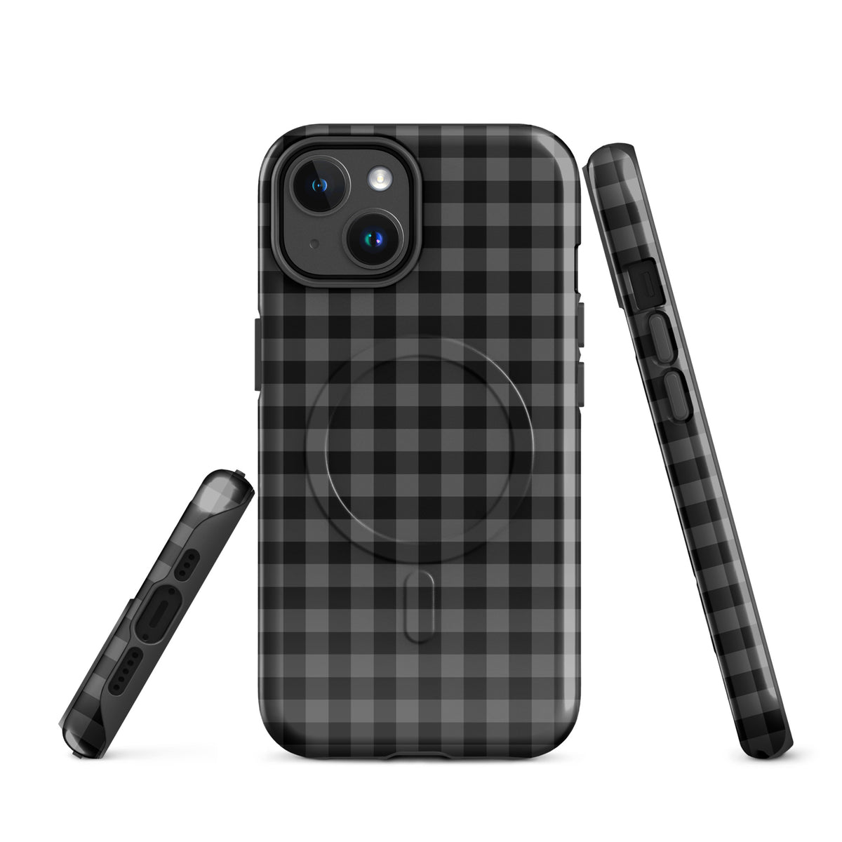 Magnetic Phone Case with black charcoal gingham pattern for iPhone, modern design offering style and protection.