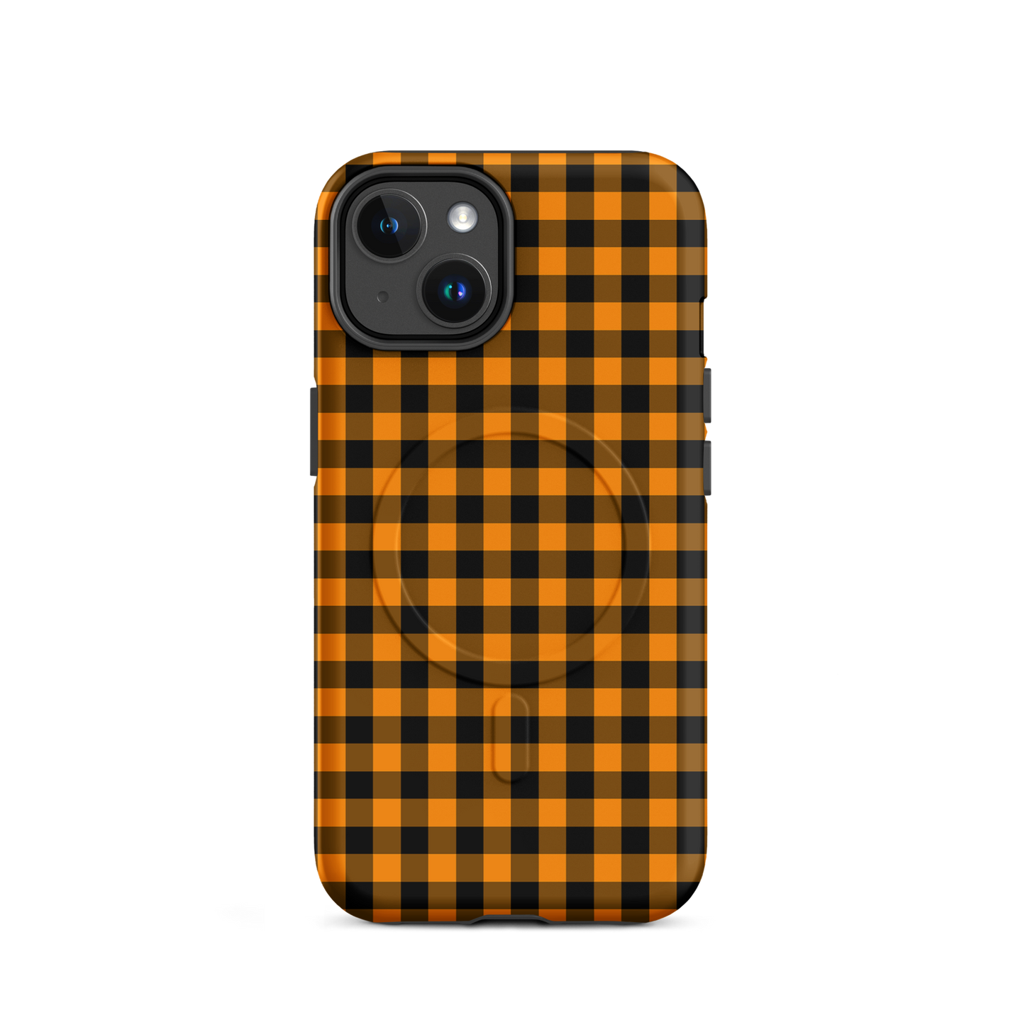 Magnetic Phone Case for iPhone in black-and-orange gingham autumn fall theme, featuring sleek design and durable protection.