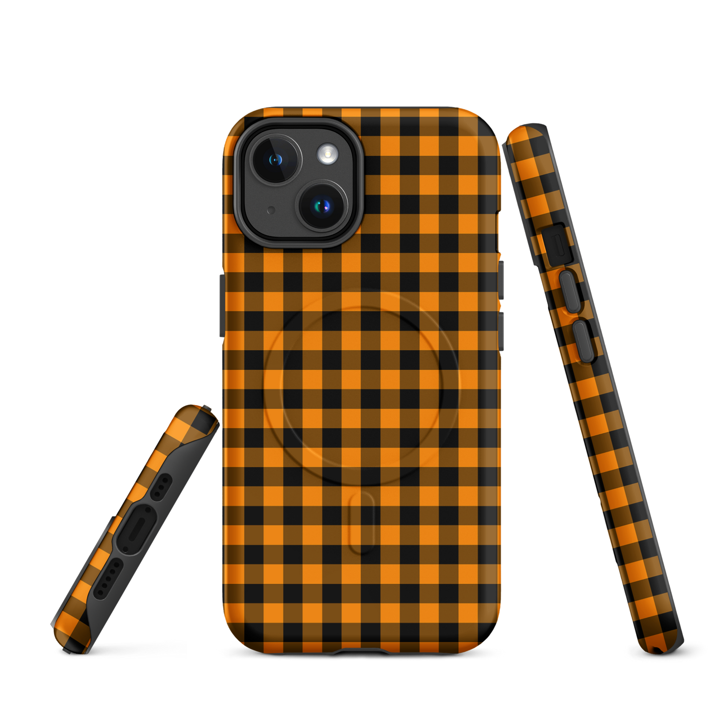 Magnetic Phone Case in black-and-orange gingham Autum theme for iPhone offers style and luxury with durable protection.