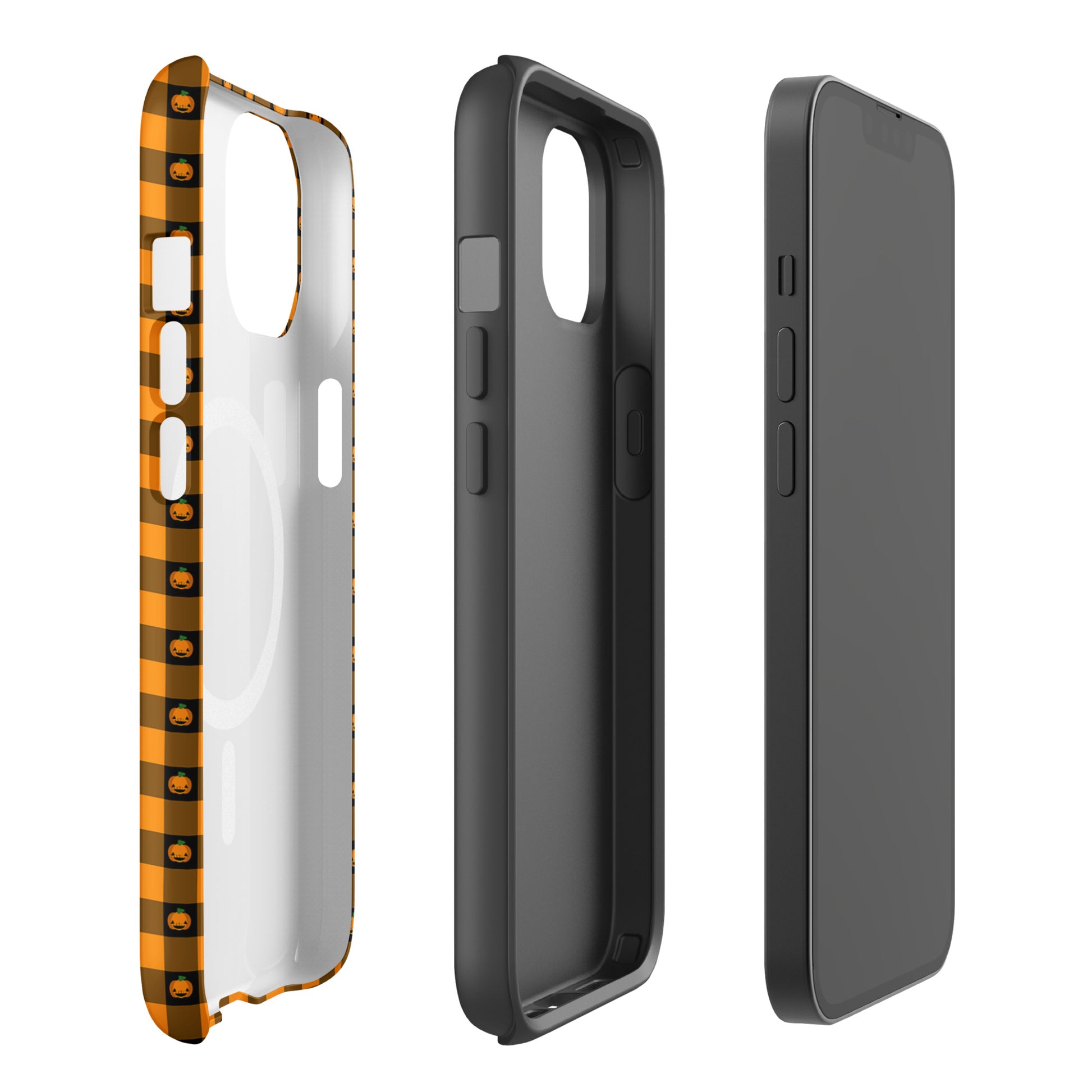 Magnetic Phone Case for iPhone with Halloween pumpkin gingham design, featuring festive jack-o’-lanterns for a cheerful seasonal look.