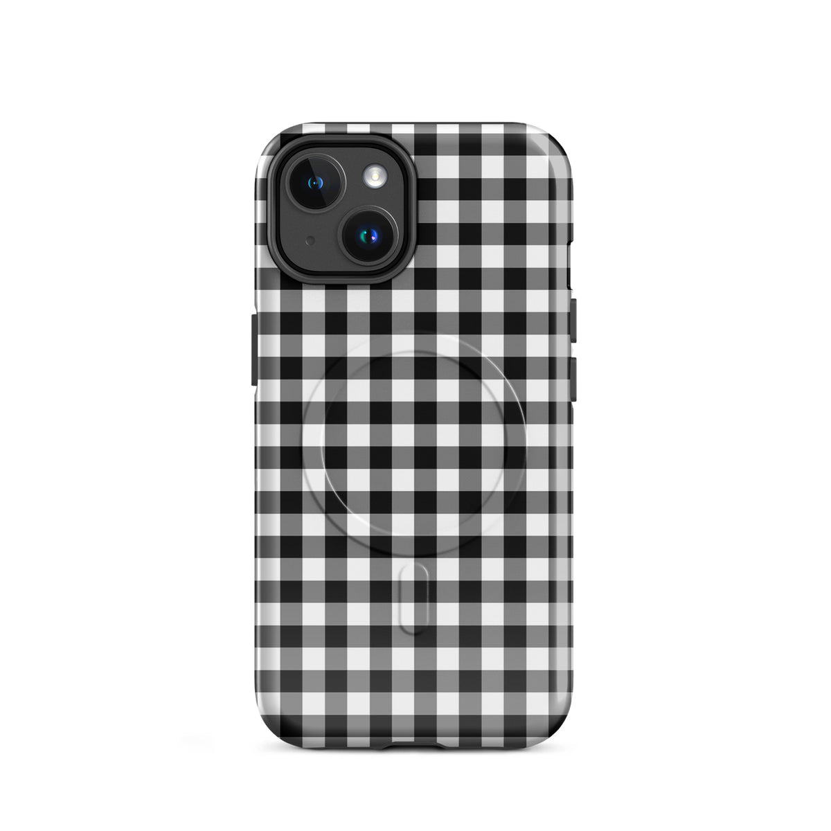 Magnetic Phone Case with black-and-white gingham pattern for iPhone, offering style and protection.