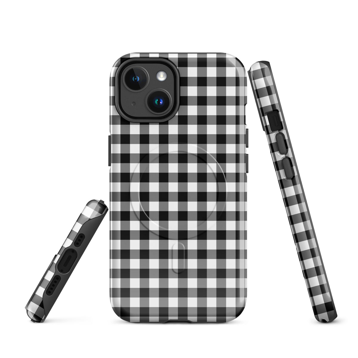 Magnetic Phone Case for iPhone with black and white gingham pattern, offering style and protection, front and side views.