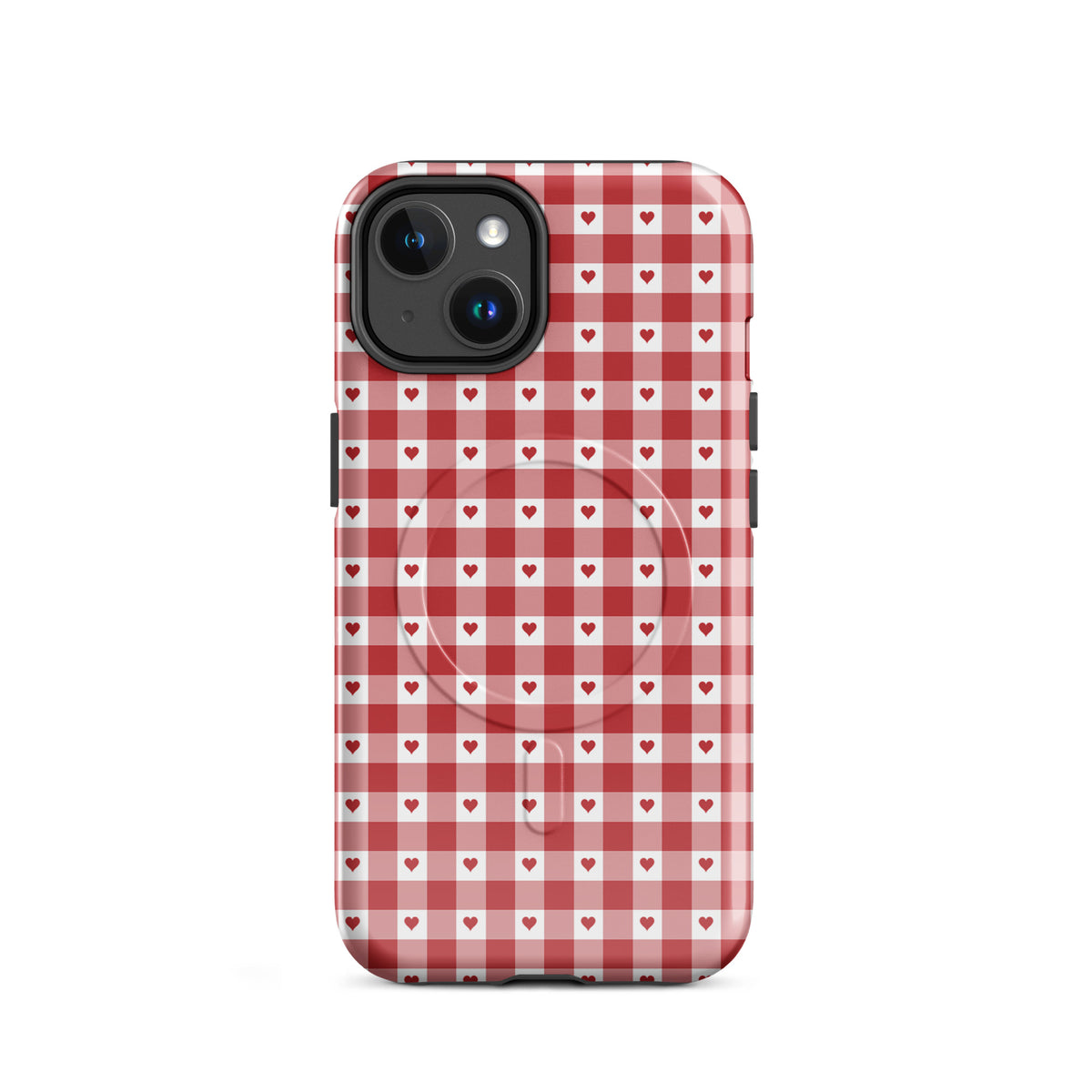 Magnetic Phone Case with red gingham and heart pattern for iPhone, offering stylish protection and durability.