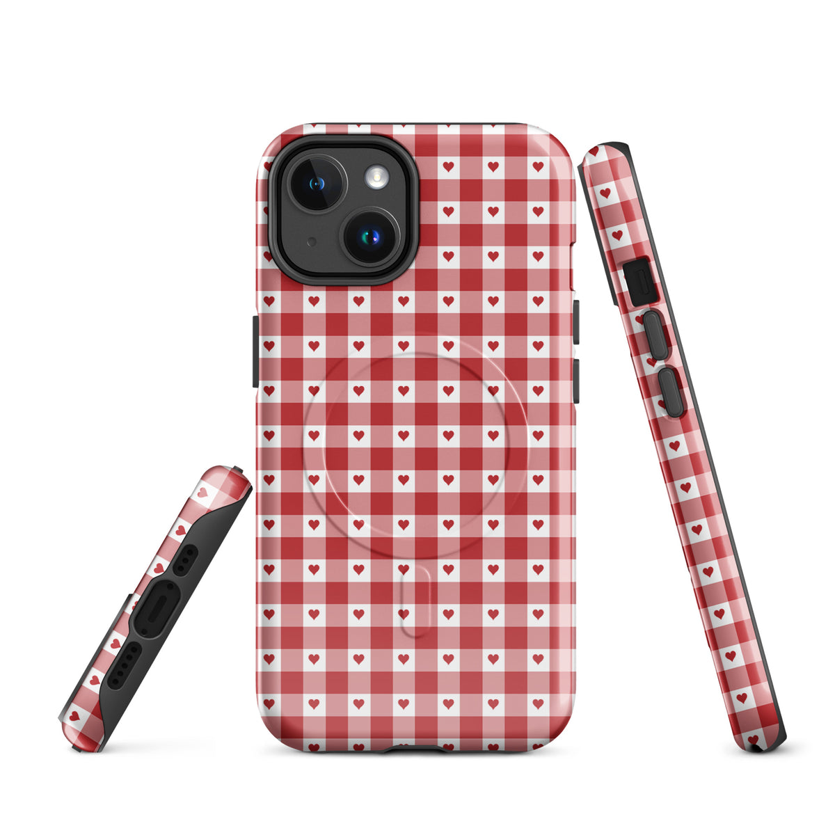 Magnetic Phone Case for iPhone in red gingham heart pattern, stylish and durable design, elevates your device's look.
