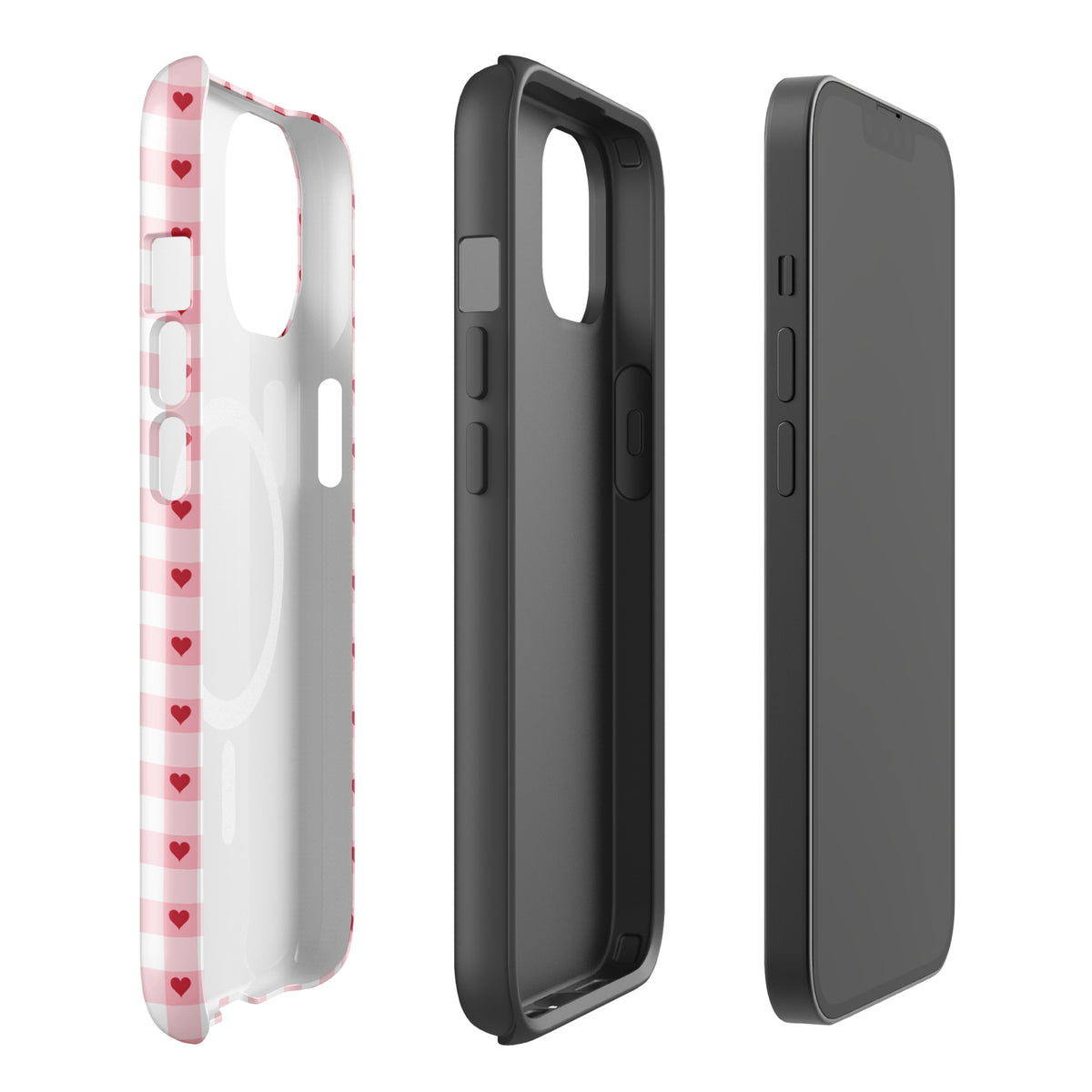 Magnetic Phone Case for iPhone with pink-and-white gingham heart pattern in red and pink hearts, showcasing front and side views.