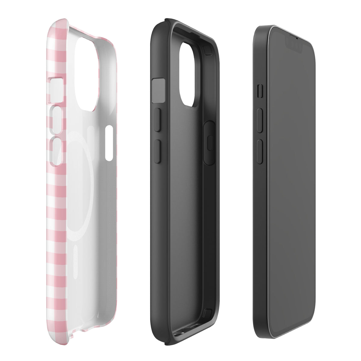 Magnetic Phone Case with pink white gingham pattern for iPhone, showing stylish and durable design, offering luxury protection.