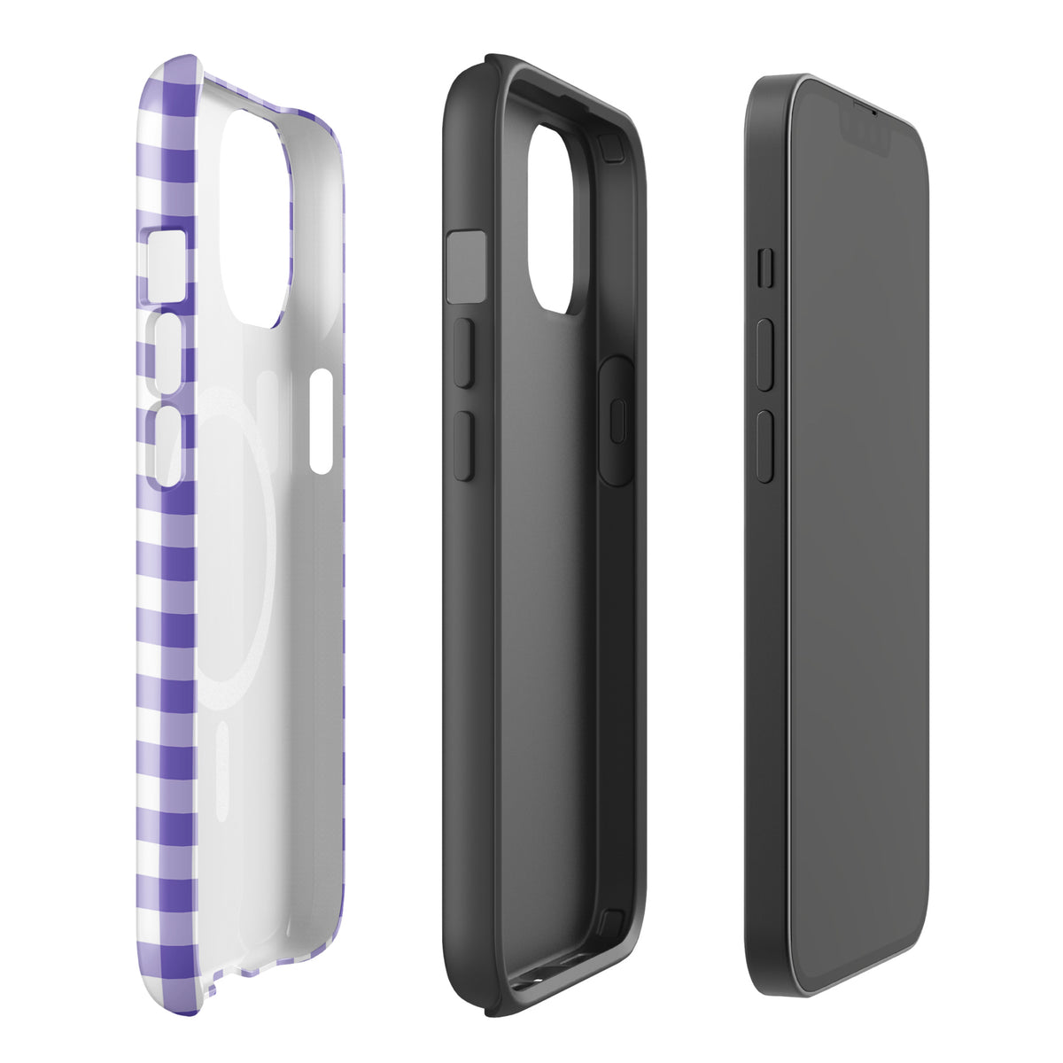 Magnetic Phone Case in purple gingham pattern for iPhone, showing protective front and back views with style.