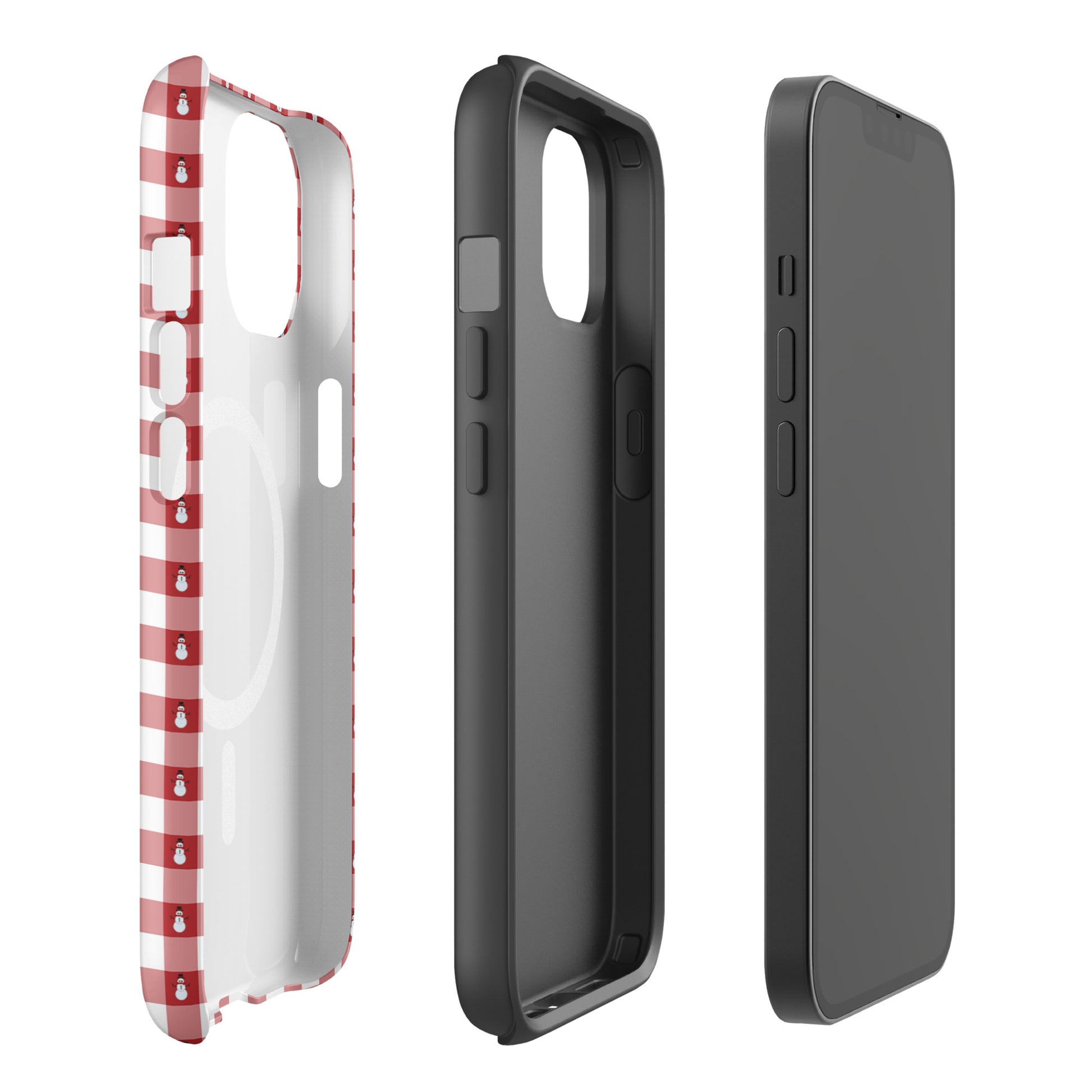 Magnetic Phone Case with red gingham and snowman design for iPhone, showcasing interior and exterior views.