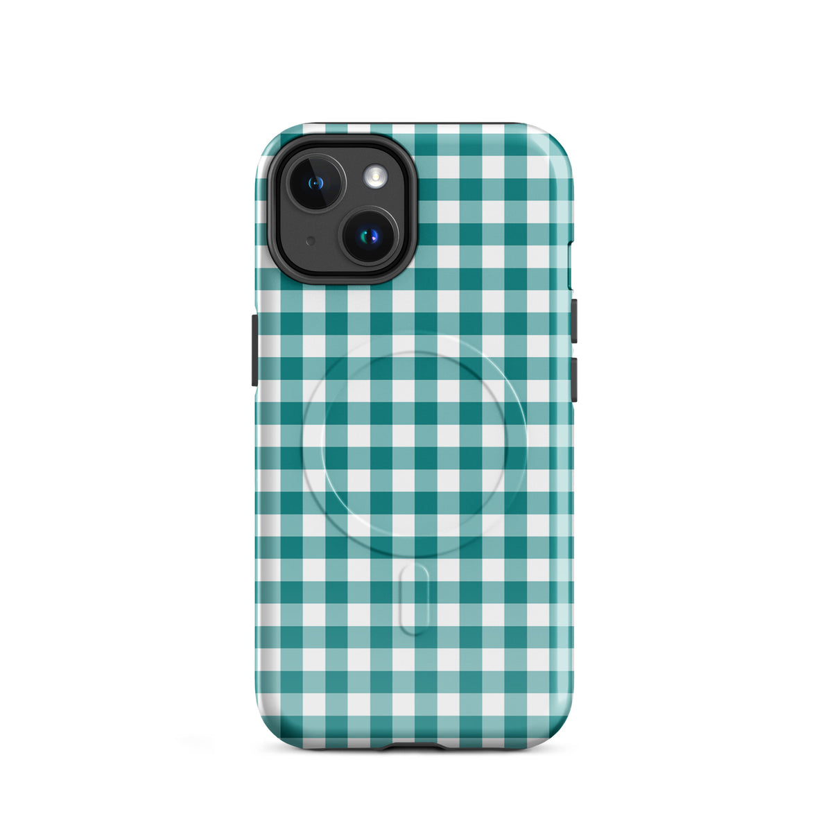 Magnetic Phone Case with teal and white gingham pattern for iPhone, blending style and durability.