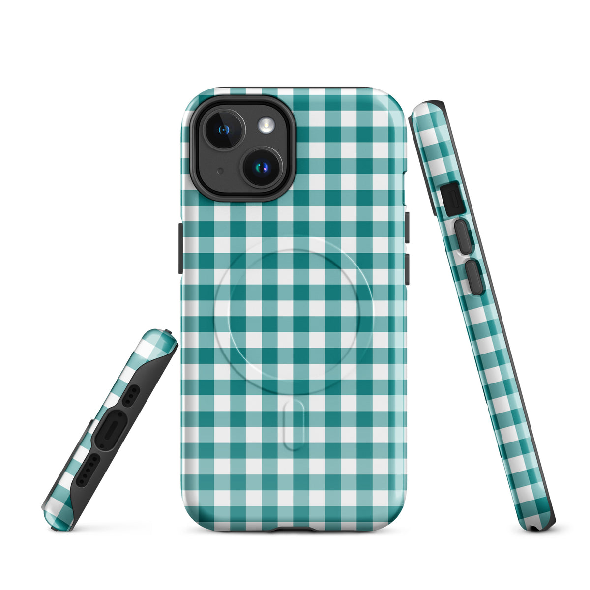 Magnetic Phone Case for iPhone with teal and white gingham pattern, offering stylish protection and durability.
