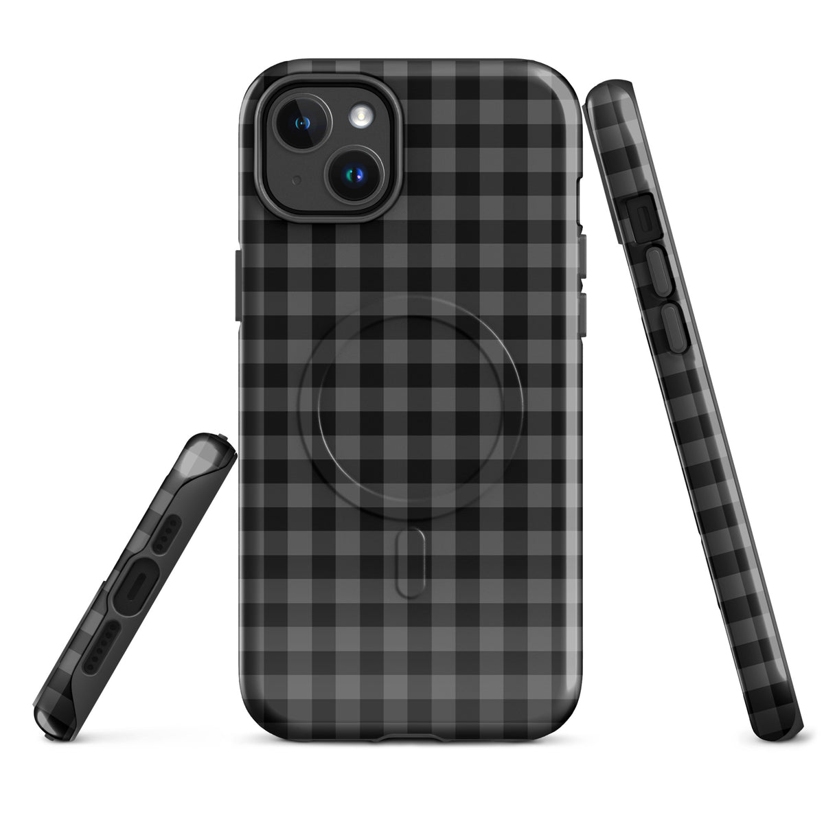 Magnetic Phone Case with modern black-and-charcoal gingham pattern, offering stylish protection and durability for iPhone devices.