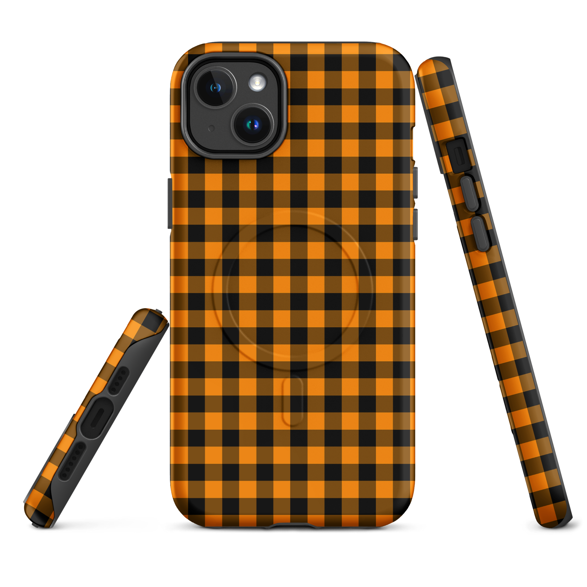 Magnetic Phone Case with black-and-orange gingham pattern for iPhone, Autumn theme, showcasing stylish design and durable protection