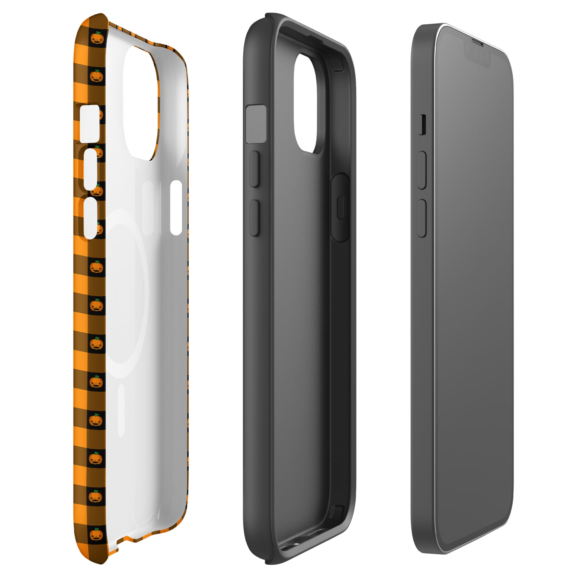 Magnetic Phone Case for iPhone with Halloween pumpkin gingham design, festive seasonal accessory.