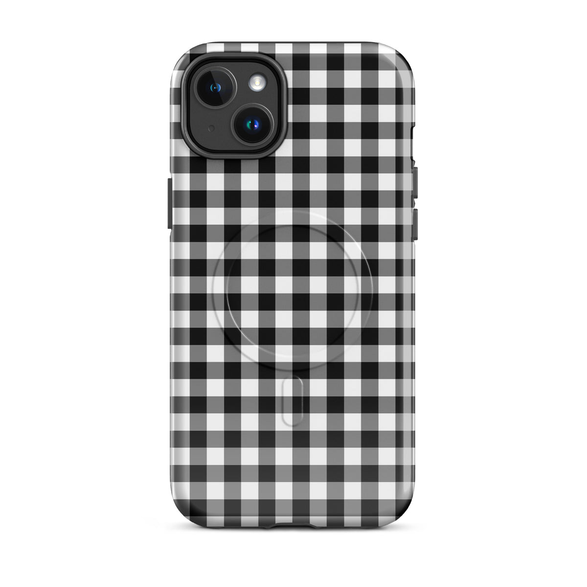 Magnetic Phone Case with black and white gingham pattern for iPhone, offering style and protection.