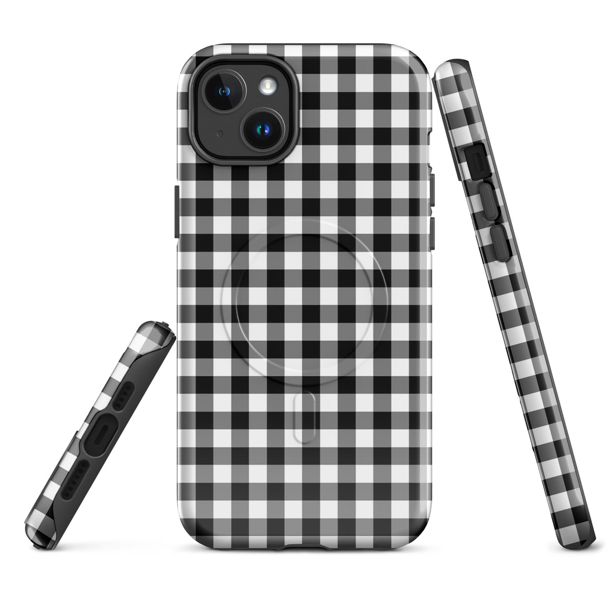Magnetic Phone Case in black-and-white gingham pattern for iPhone, offering style and protection with a chic design and durable build.
