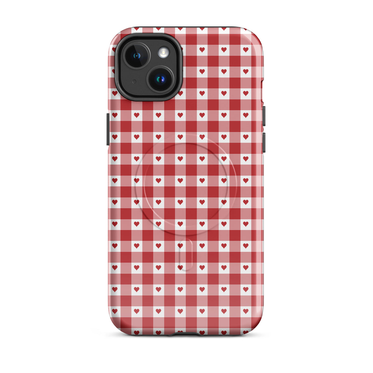 Magnetic Phone Case with red gingham and heart pattern for iPhone
