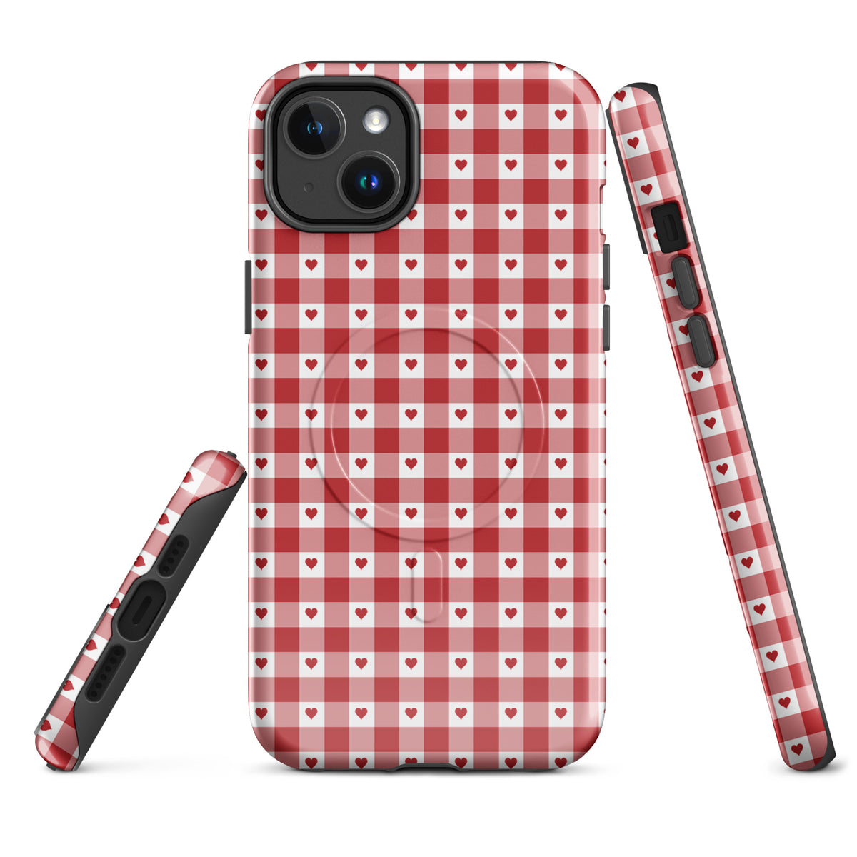 Magnetic Phone Case in red gingham heart pattern for iPhone, combining charm and luxury with durability and modern style.
