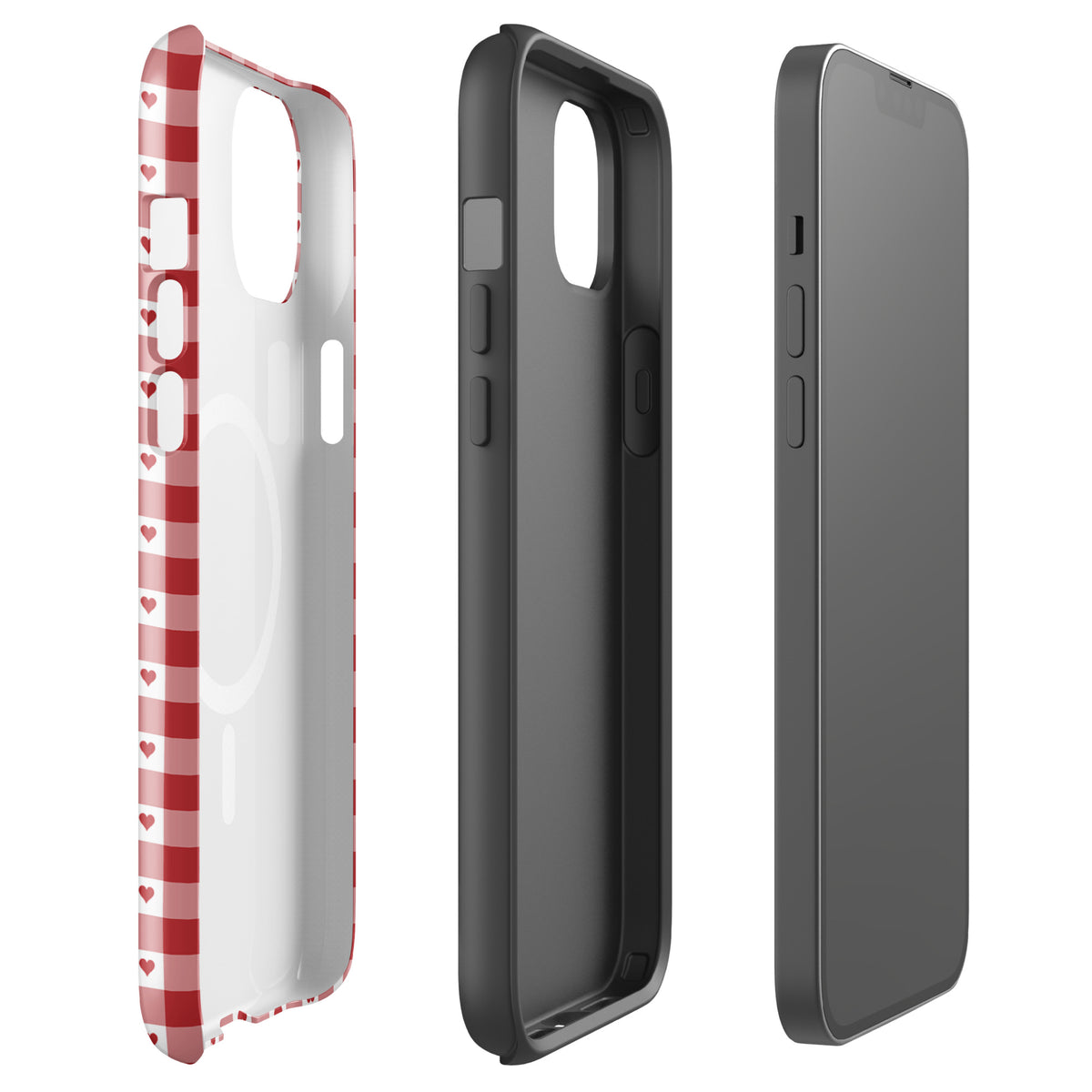 Magnetic Phone Case for iPhone with red gingham and heart pattern design in red and white.