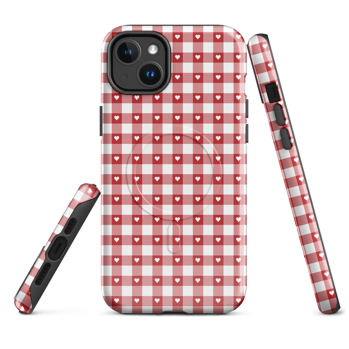 Magnetic Phone Case for iPhone in red and white gingham pattern with hearts, stylish and durable design.