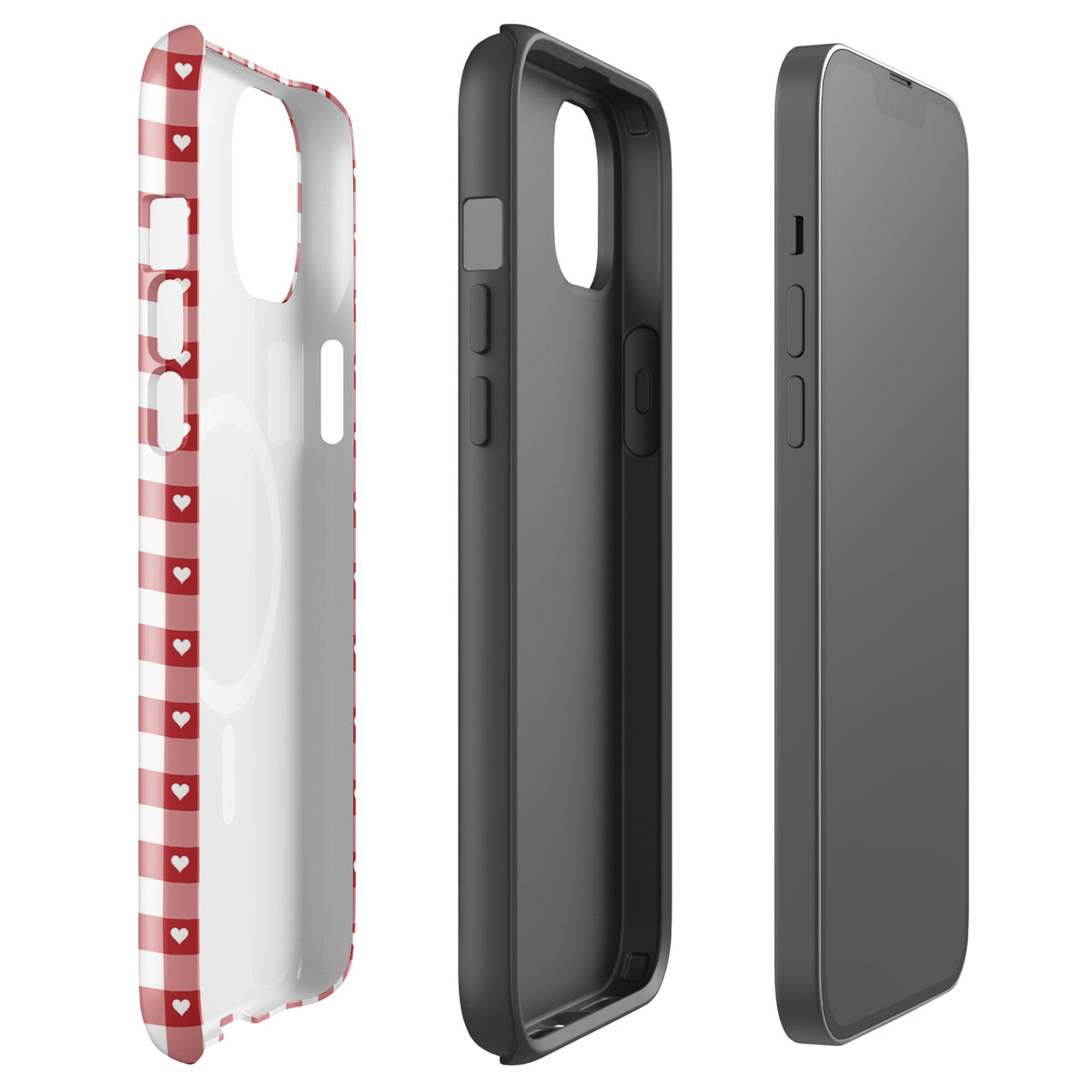 Magnetic Phone Case for iPhone with red and white gingham pattern and hearts, offering style and protection.