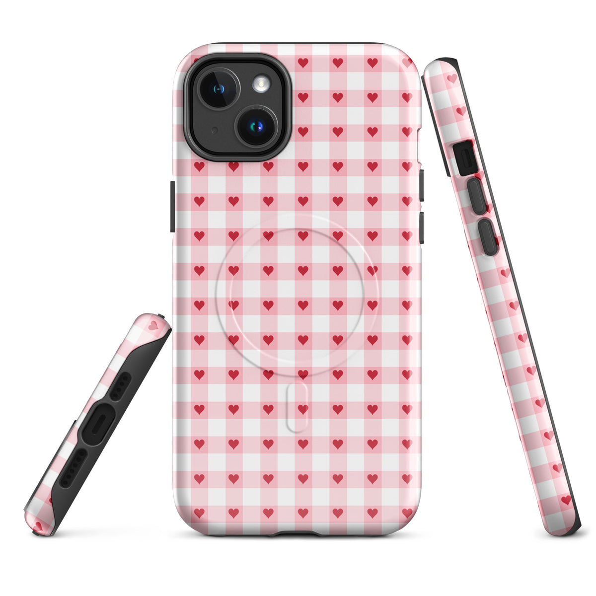 Magnetic Phone Case with pink-and-white gingham and red heart pattern for iPhone, stylish and chic design.