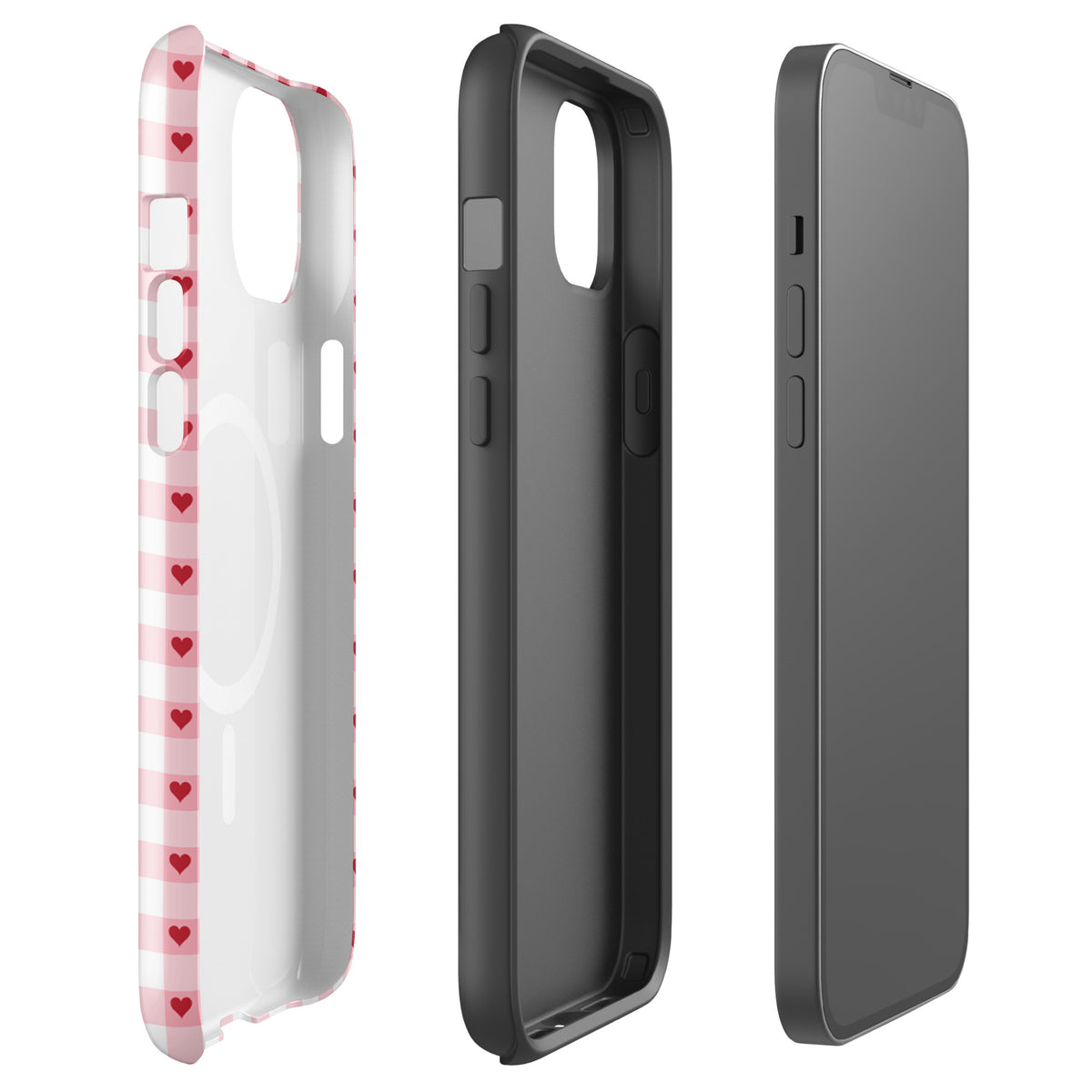 Magnetic Phone Case with pink-and-white gingham and red hearts for iPhone, side and front view.