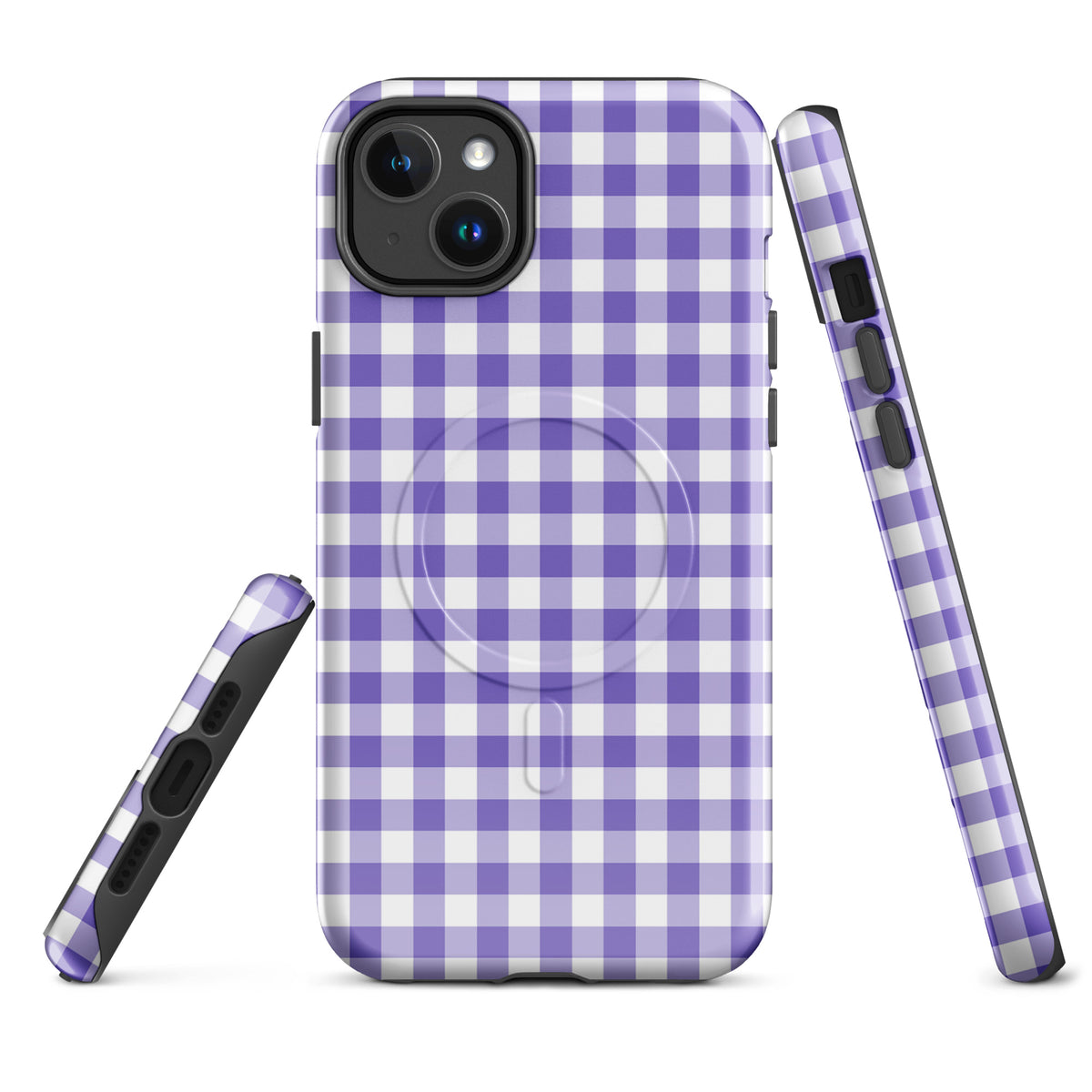 Magnetic Phone Case with purple and white gingham pattern for iPhone, offering stylish protection and modern charm.