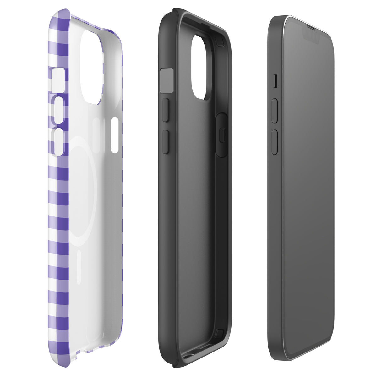 Magnetic Phone Case in purple and white gingham pattern showcasing stylish protection for iPhone.