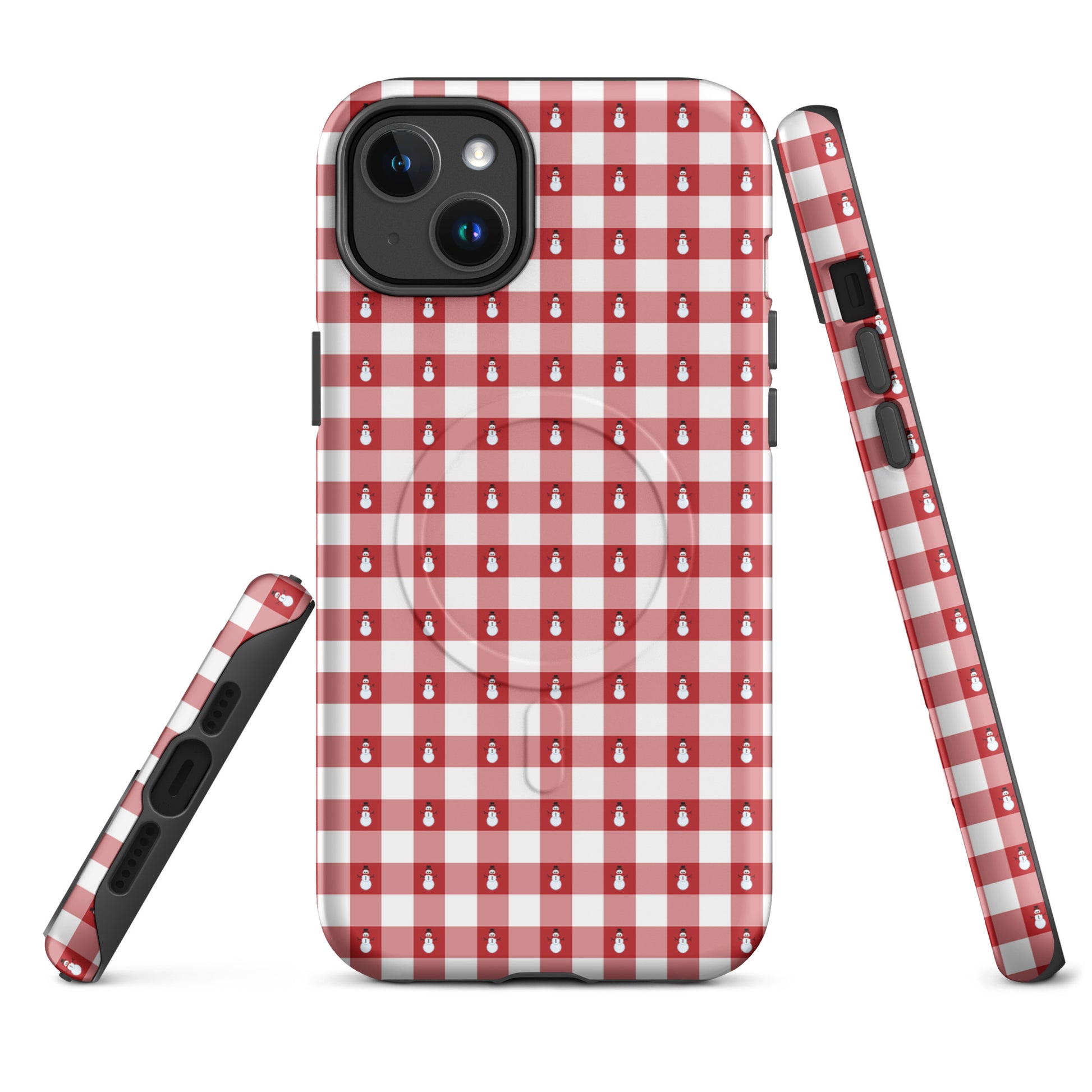 Magnetic Phone Case in red-and-white gingham pattern with snowmen design for iPhone, winter themed durable protection.