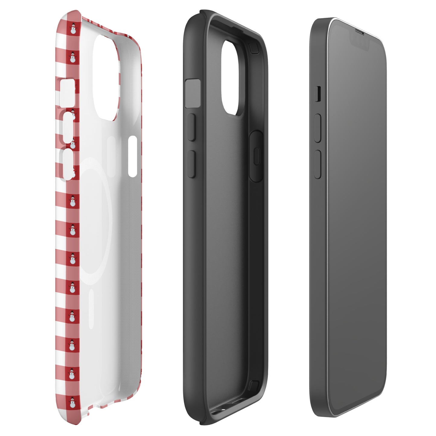 Magnetic Phone Case for iPhone with red gingham snowman design, showing rugged durability.
