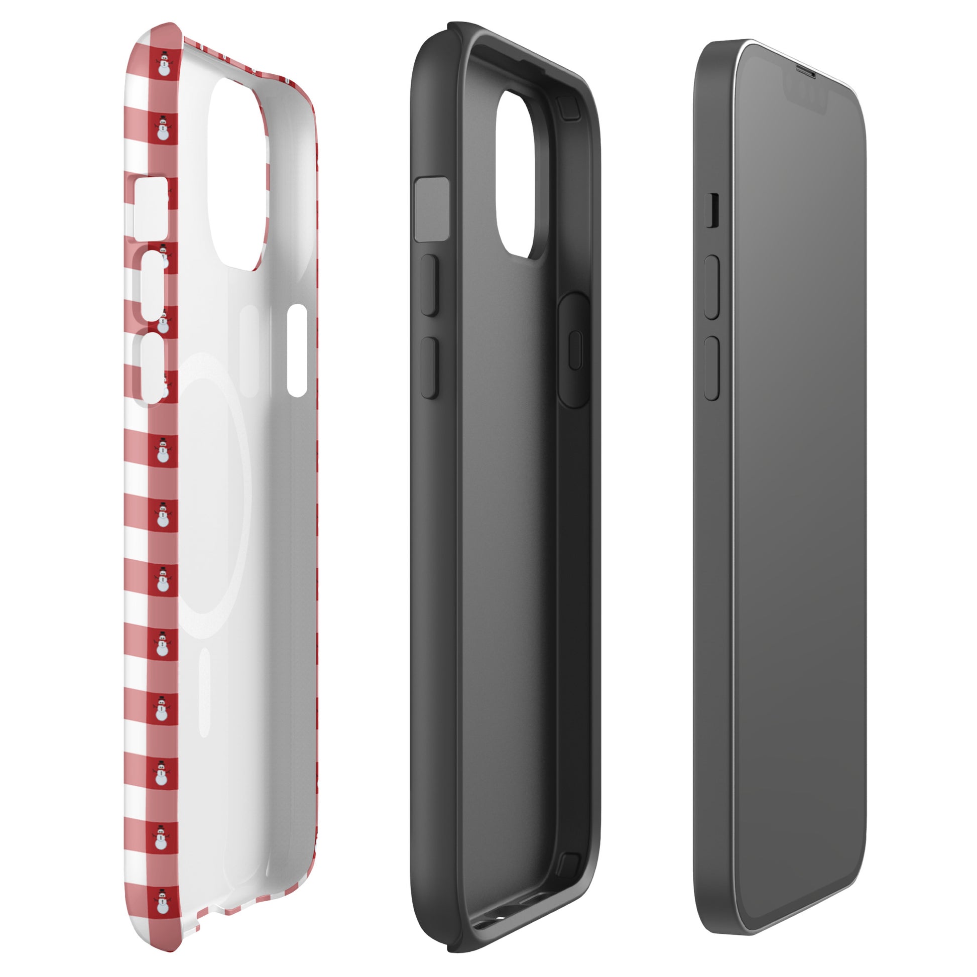 Magnetic Phone Case for iPhone with red gingham snowman design, showing rugged durability.