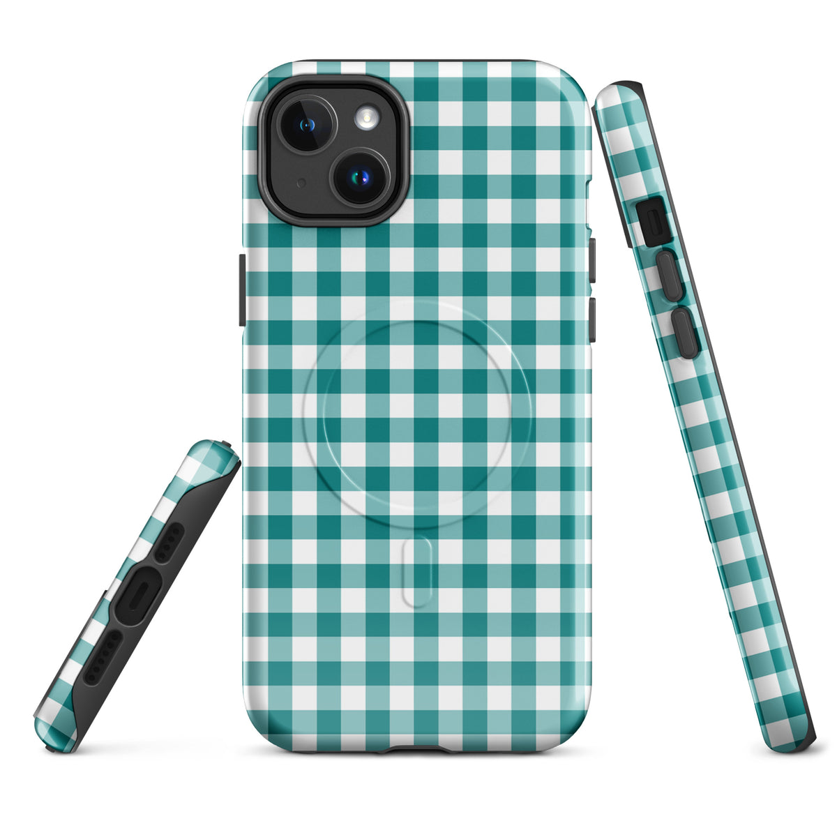 Magnetic Phone Case for iPhone with teal and white gingham pattern, showcasing style and protection.