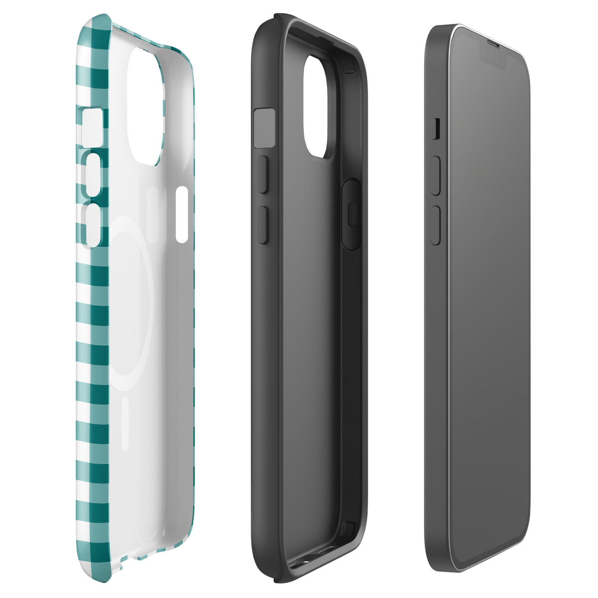 Side view of teal and white gingham Magnetic Phone Case for iPhone, showcasing stylish design and durable protection.