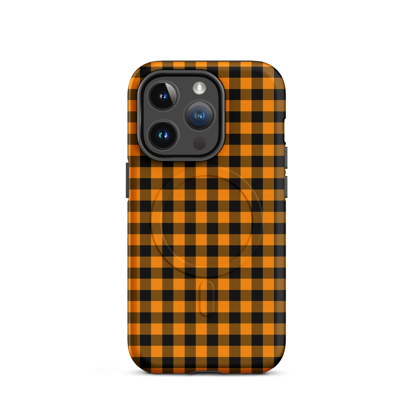 Magnetic Phone Case with black-and-orange gingham autumn theme for iPhone, featuring durable and stylish design.