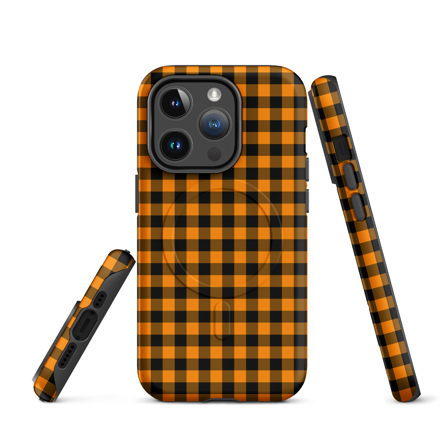 Magnetic Phone Case for iPhone with black-and-orange gingham Autumn theme, showcasing durable and stylish design.