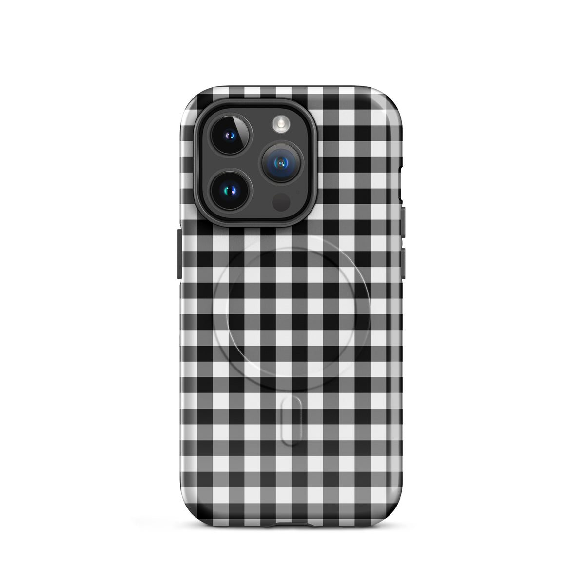 Magnetic Phone Case for iPhone with black and white gingham pattern offering style and protection