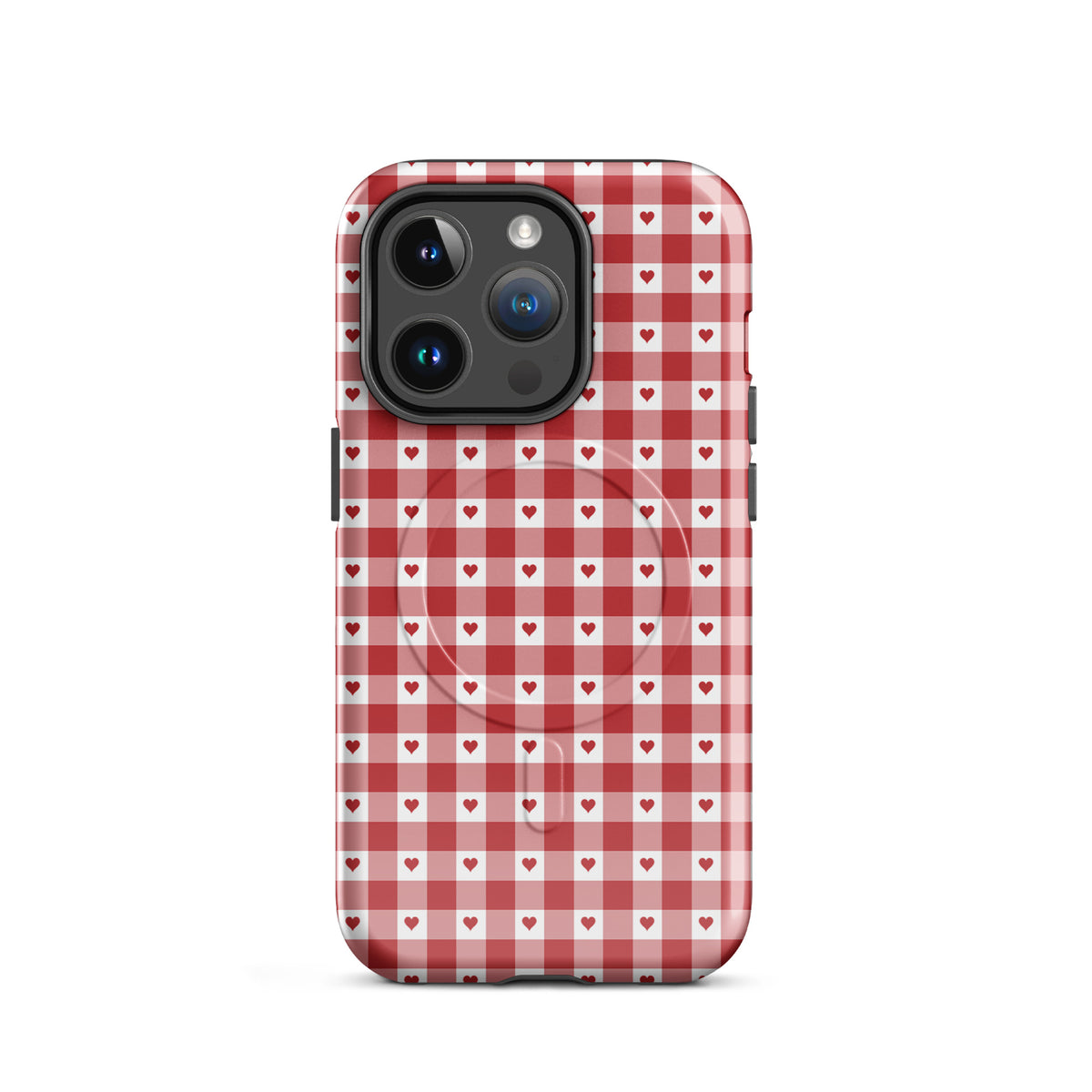 Magnetic Phone Case for iPhone with red gingham heart pattern, chic and durable design.