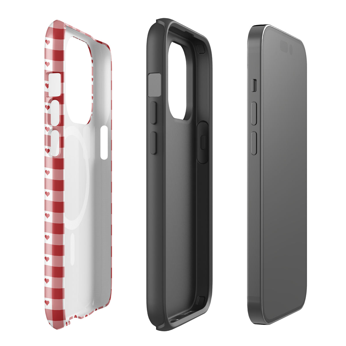 Magnetic Phone Case with red gingham heart pattern, showcasing stylish design and durability for iPhone.