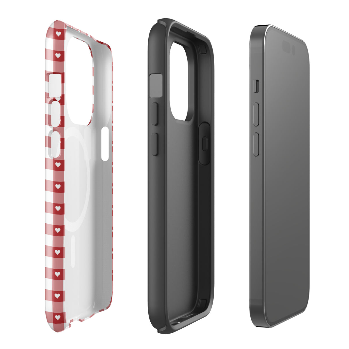 Magnetic Phone Case for iPhone with red-white gingham pattern and white hearts design, showcasing stylish protection and luxury.