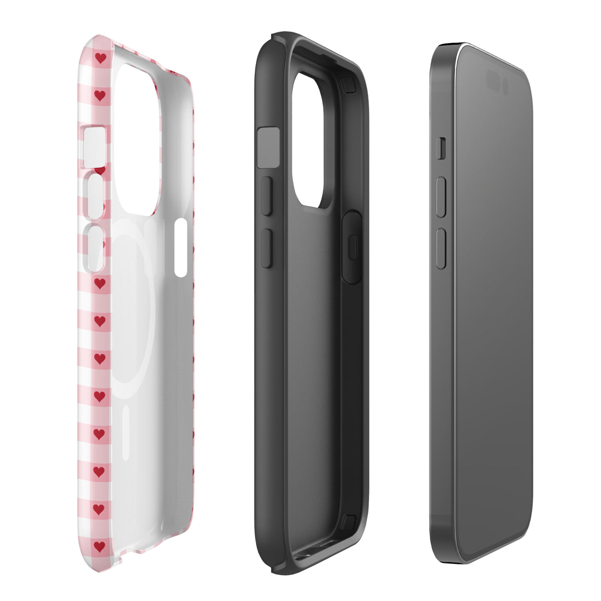 Magnetic Phone Case for iPhone with pink-and-white gingham heart pattern, featuring red hearts design, stylish and durable.
