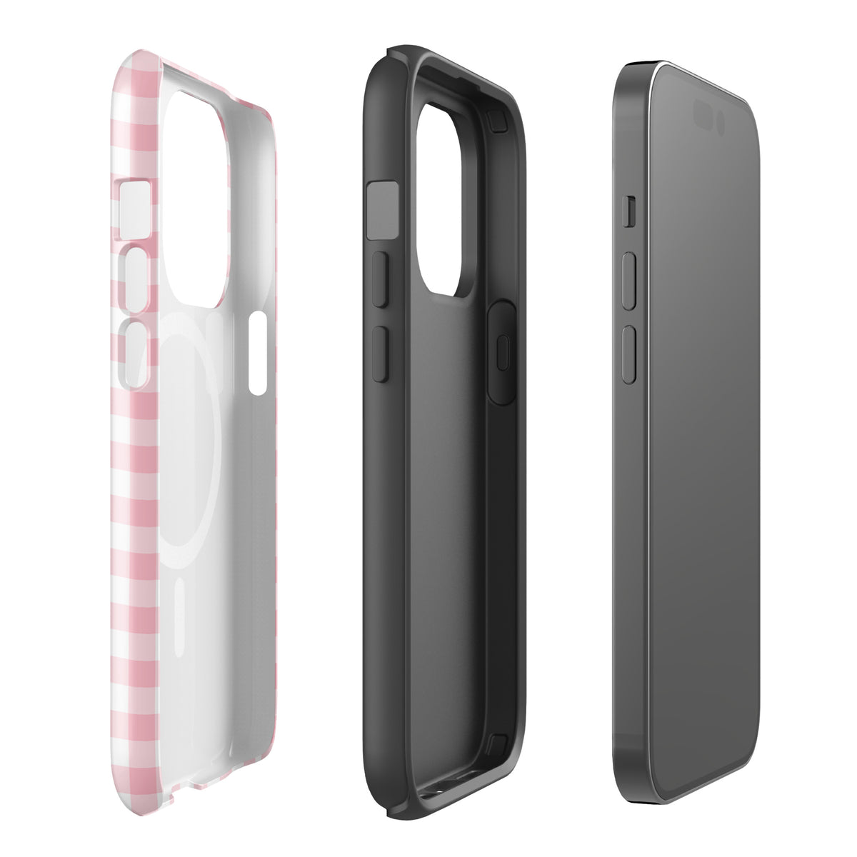 Magnetic Phone Case with pink and white gingham pattern for iPhone, stylish protective design displayed in three parts.
