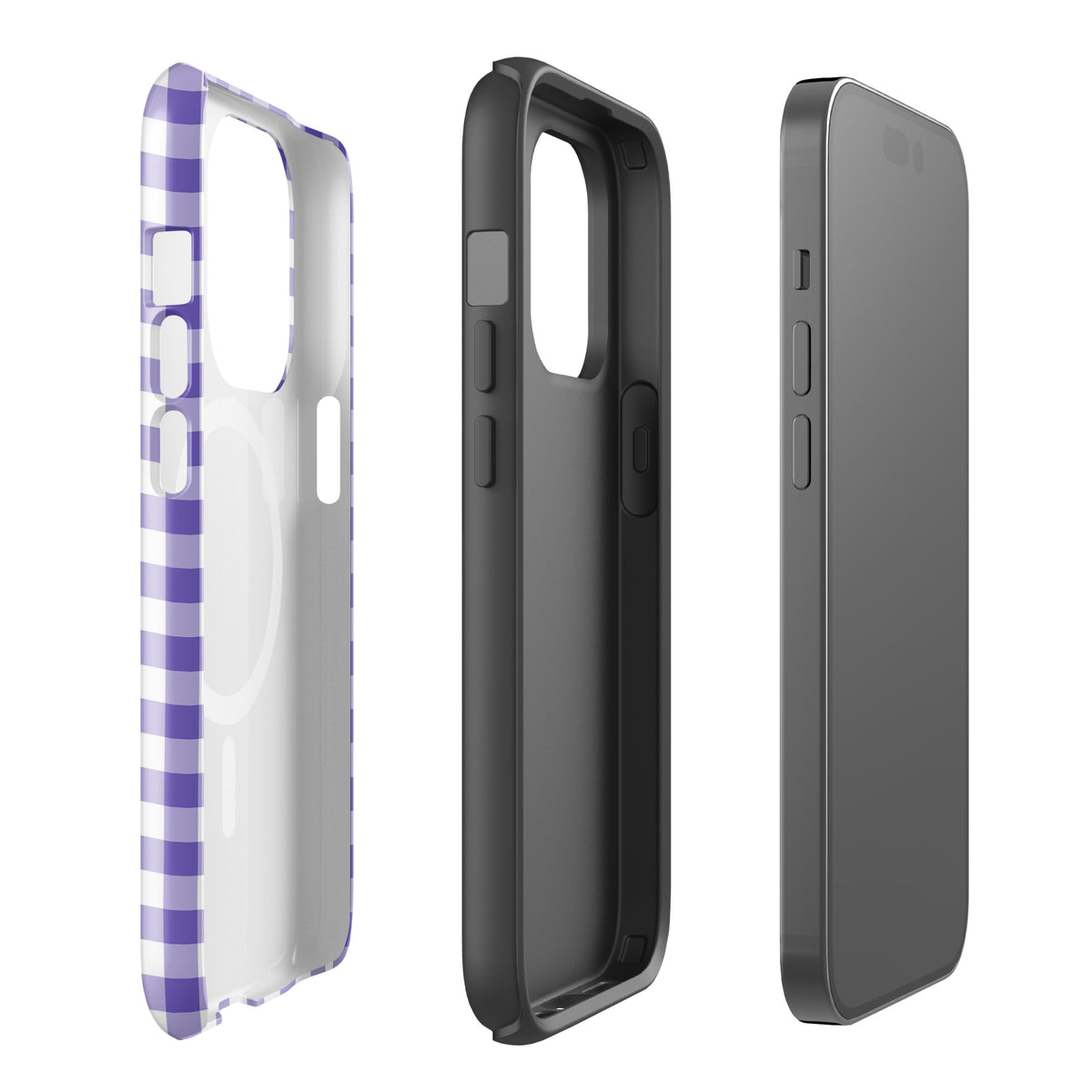 Magnetic Phone Case with purple and white gingham pattern for iPhone, showcasing stylish protection and modern design.