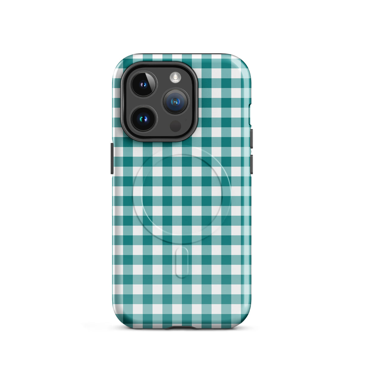 Magnetic Phone Case for iPhone with teal and white gingham pattern, chic and durable design.
