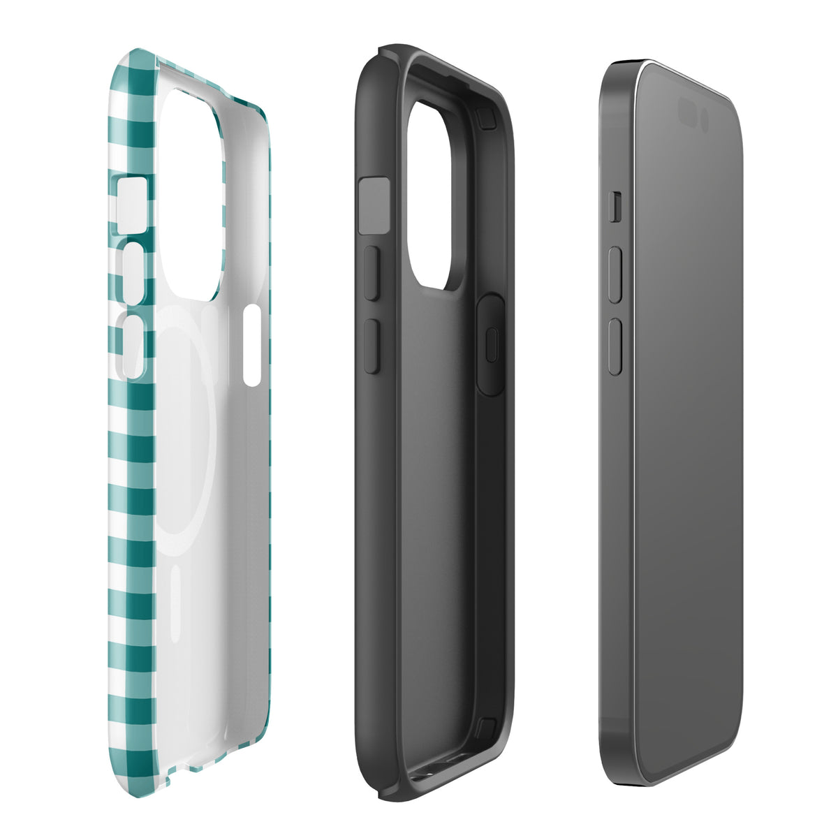 Magnetic Phone Case in teal and white gingham pattern for iPhone, showcasing stylish design and durable protection.