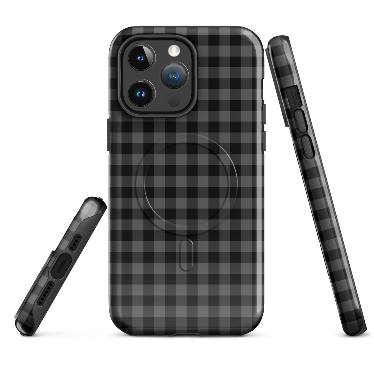Magnetic Phone Case for iPhone with black and charcoal gingham pattern, stylish and durable design for modern protection.