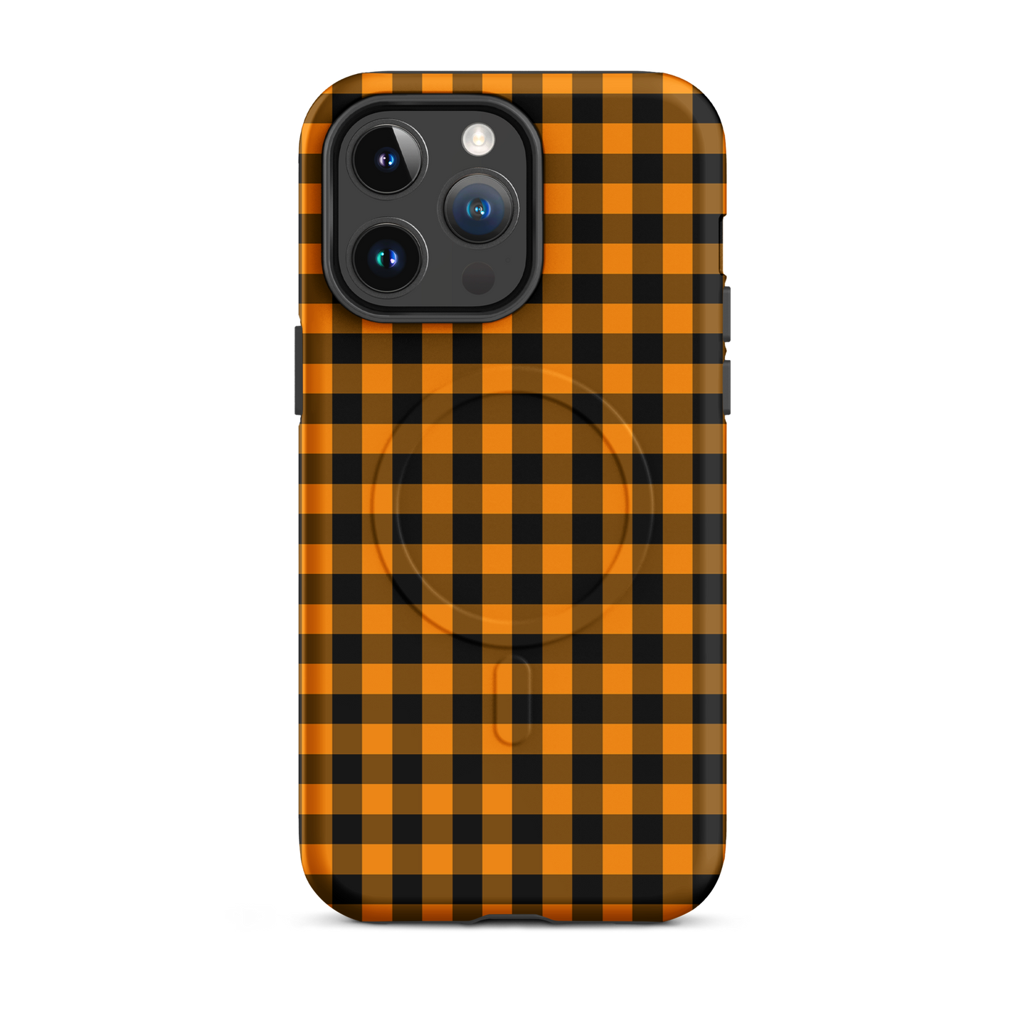 Magnetic Phone Case with black-and-orange gingham autumn theme for iPhone, offering style and durability.