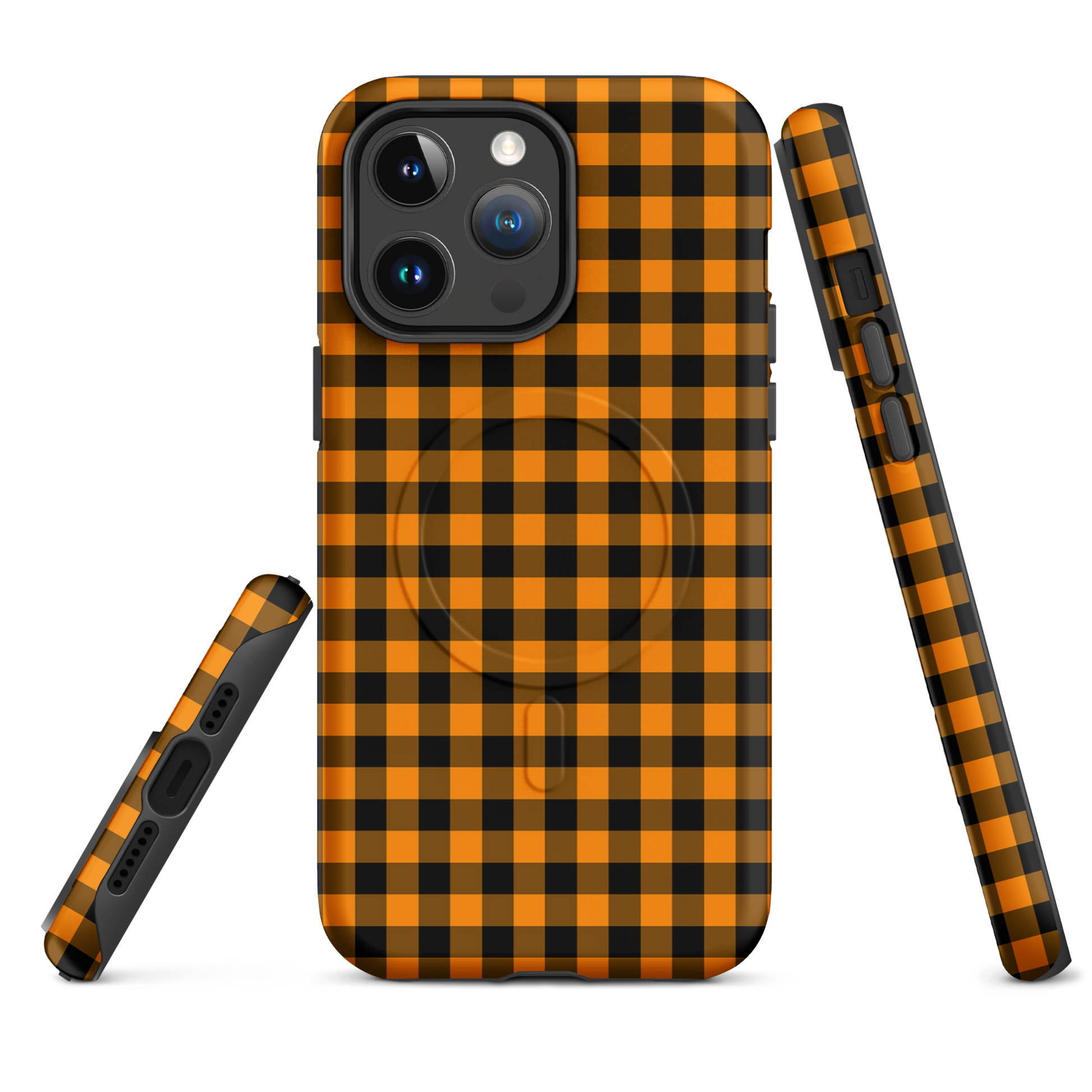 Magnetic Phone Case with black-and-orange gingham Autumn theme for iPhone, stylish and durable accessory