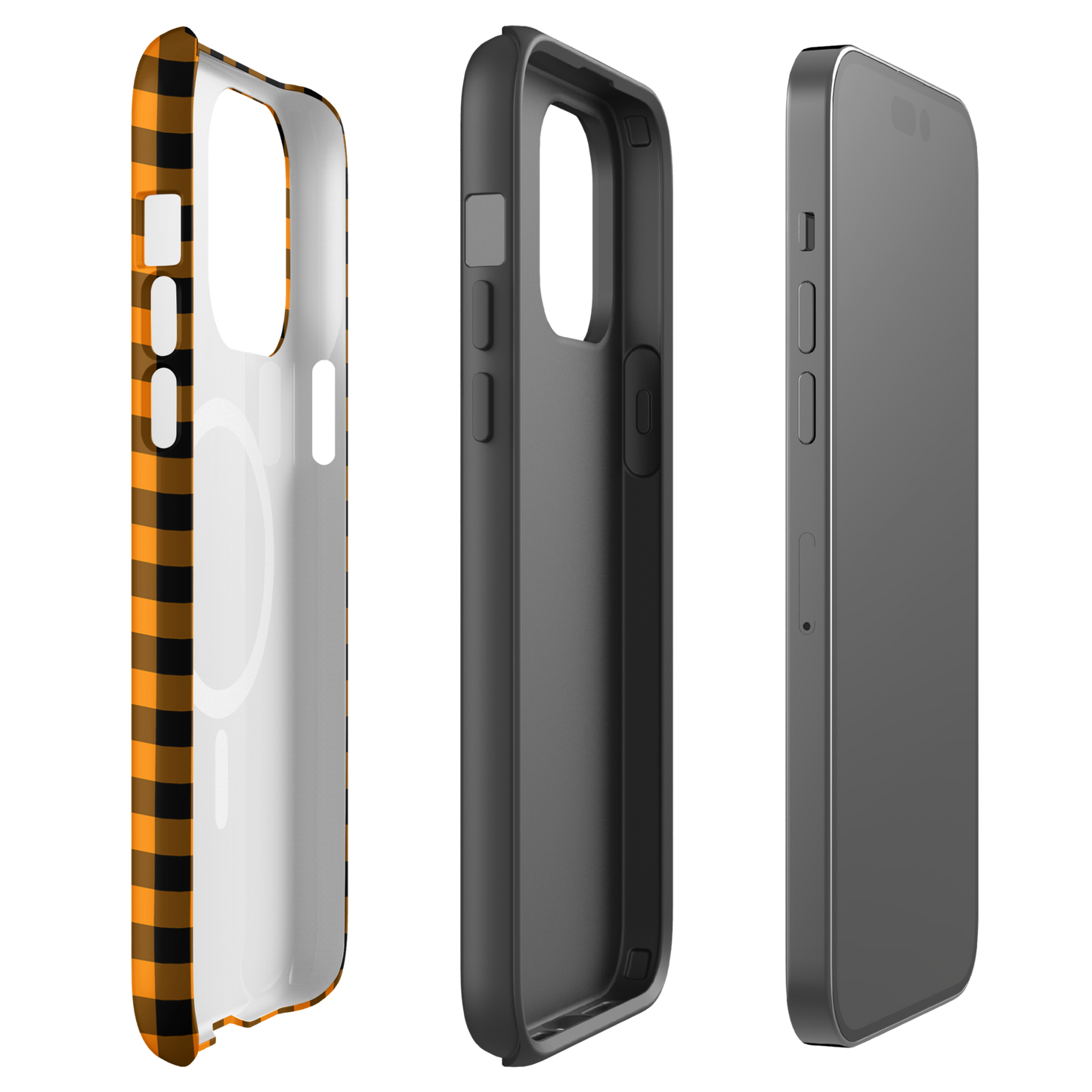 Magnetic Phone Case for iPhone in black-and-orange gingham pattern offering stylish autumn theme with durable design.