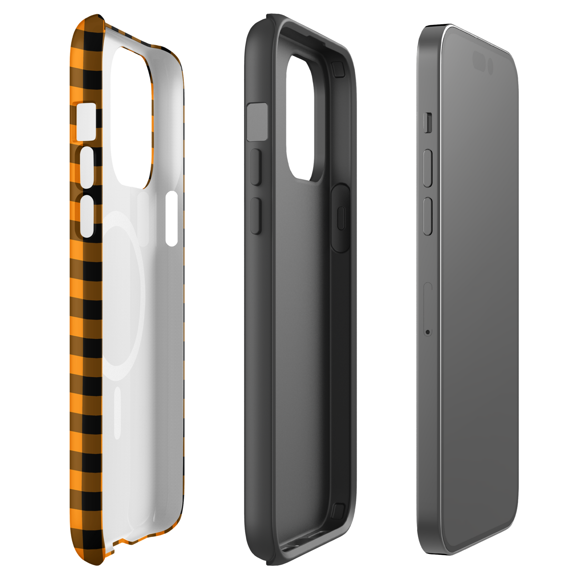 Magnetic Phone Case for iPhone in black-and-orange gingham pattern offering stylish autumn theme with durable design.