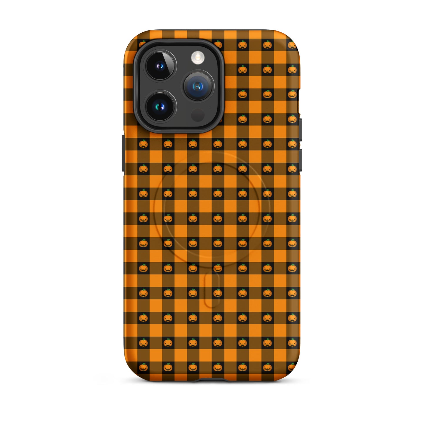 Magnetic Phone Case for iPhone with Halloween pumpkin gingham design, featuring festive jack-o’-lanterns and charming seasonal style.